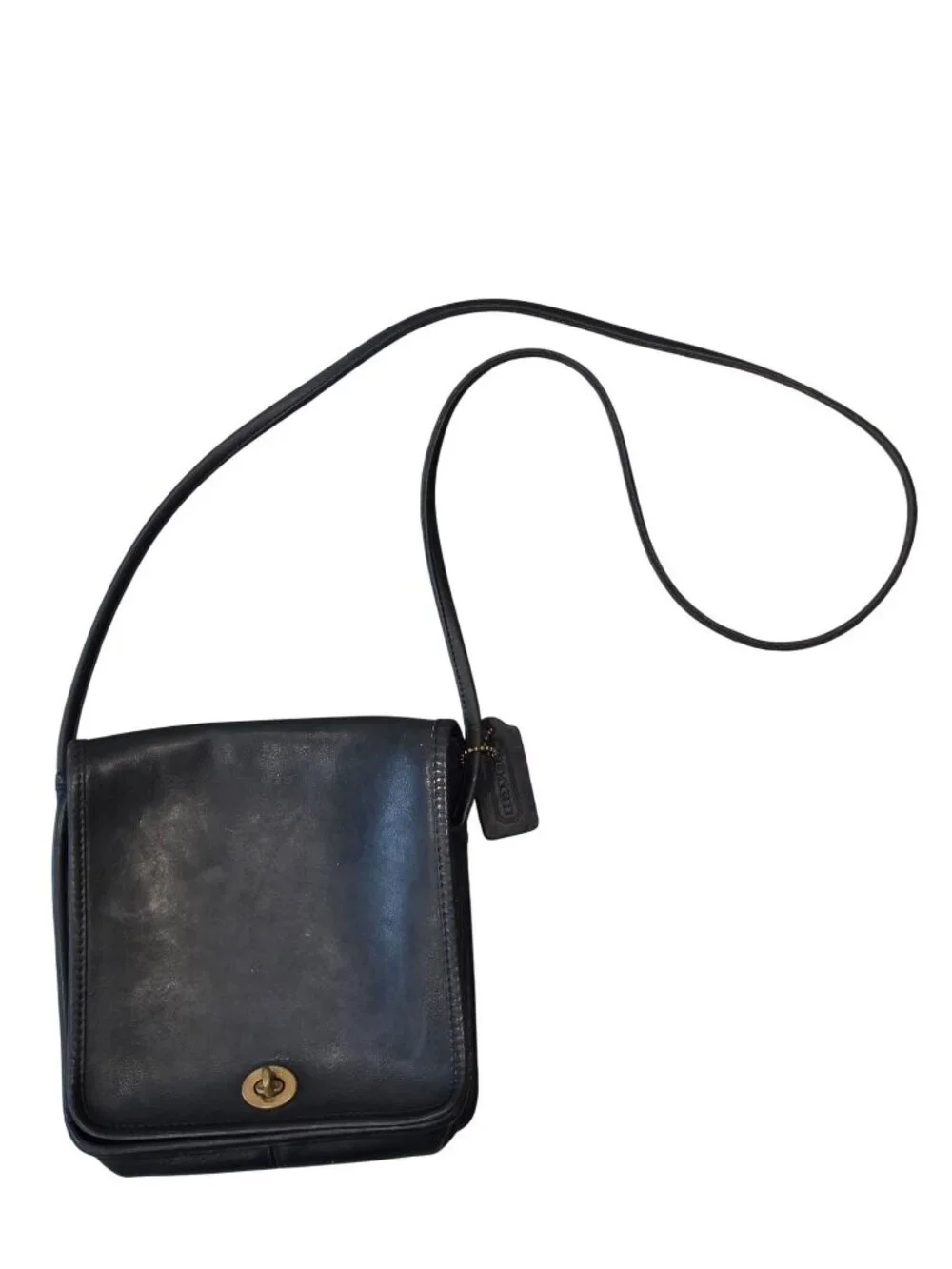 Vintage Coach Black Leather Crossbody Satchel Bag With Brass Turnlock